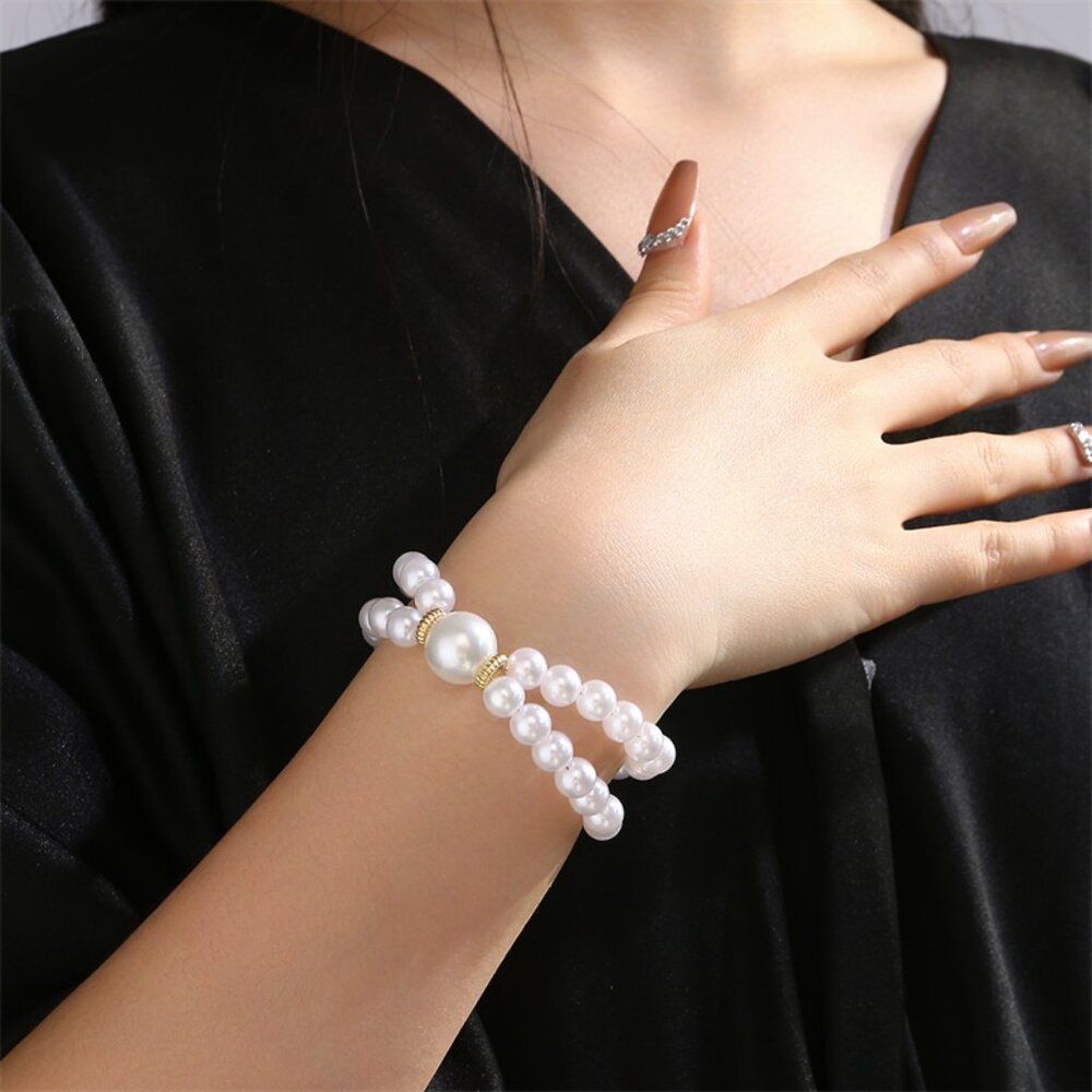 3/$35 Layered Rows Heart White Beaded Ball Pendant Pearl Gold Chain Bracelet